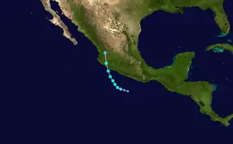 The track of Tropical Storm Dolores from June 18 to June 20, 2021. The track starts parallel to the coast of Central America as a potential tropical cyclone. As Dolores goes west, it strengthens into a tropical storm, before taking a sharp turn to the north, dissipating over Mexico.