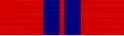 Red ribbon with two dark blue stripes close to the center