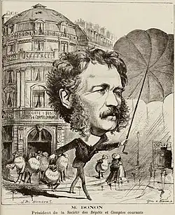 Caricature of Donon in Comic-Finance, 1873, showing him in front of the iconic head office