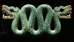 Double-headed serpent, Turquoise, red and white mosaic on wood, Aztec (possibly) Mixtec, c. 1400–1521,
