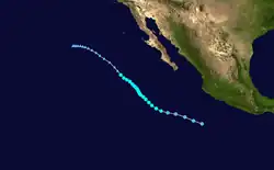 A track map of the path of a tropical storm off the Pacific coast of Mexico