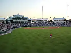 A view from right field of the seating bowl and grandstand at the ballpark