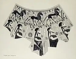 Line drawing of an ancient Greek vase fragment, showing five men armed with spears and three stylised horses. One man is labelled "Menelas".