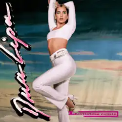 Dua Lipa wearing a white crop top, with pants, heels, a jeweled belt, and green eyeshadow. She poses with her leg up and her arms over her head over a multi-coloured, sky-like, blue, green and white background. Her name appears vertically in pink on the left, while the title "Levitating remix" appears in the same colour on the bottom right.