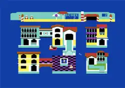 A horizontal rectangular video game screenshot that is a digital representation of a city with water canals. A red boat in the center carries through a canal white another duck walks on a plaza below them. A group of bubbles floats through another canal.