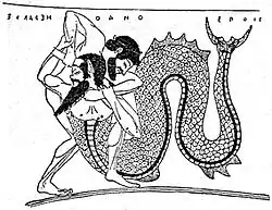 Monochrome illustration of a serpentine Achelous fighting Heracles