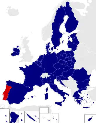 Map of the European Parliament constituencies with Portugal highlighted in red