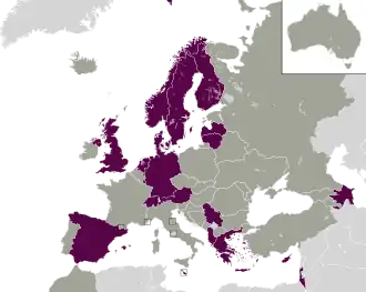 A coloured map of the countries of Europe