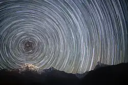 Image 13This long-exposure photo of the northern night sky above the Nepali Himalayas shows the apparent paths of the stars as Earth rotates. (from Earth's rotation)