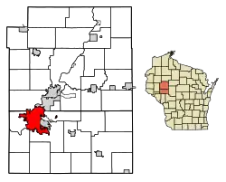 Location of Eau Claire in Eau Claire and Chippewa counties, Wisconsin.