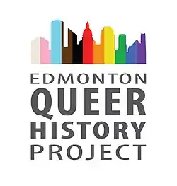 Artwork of the Edmonton skyline is filled with Pride flag colors. Text below reads Edmonton Queer History Project.
