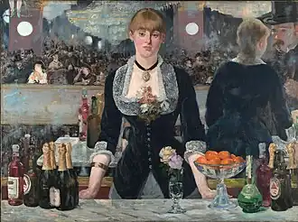 A Bar at the Folies-Bergère; by Édouard Manet; 1881–1882; oil on canvas; 96 × 130 cm.; Courtauld Institute of Art (London)[227]
