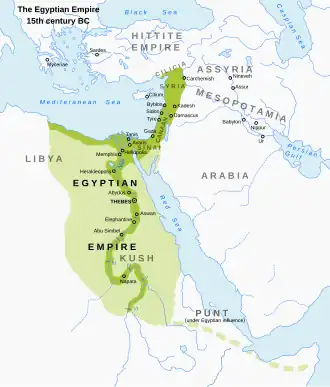 The Egyptian Eighteenth Dynasty's empire at its greatest territorial extent under Thutmose III