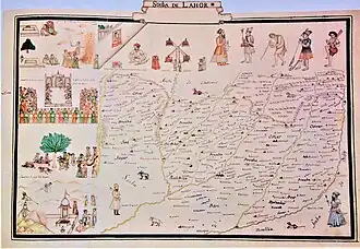 Elaborately illustrated map of the Lahore Subah of the Mughal Empire commissioned by Jean Baptiste Joseph Gentil, ca.1770