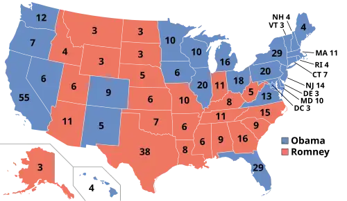 Results for the 2012 United States presidential election, depicting Obama winning many states in the Northeast, Midwest, and Pacific West, and Florida, and Romney winning many states in the South and Rocky Mountains.