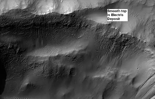 Electris Deposit, as seen by HiRISE. Electris deposit is light-toned and smooth in the image in contrast to rough materials below. Gullies are also visible.