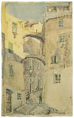 a watercolour paining of buildings and a street