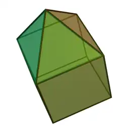 Elongated square pyramid: a Johnson solid with four equilateral triangles and five squares. It is obtained by attaching an equilateral square pyramid to the face of a cube.[4]
