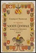 War bond advertisement poster of the SCBP, 1916, displaying the arms of the French historical regions ("provinces") where the network's member banks were established