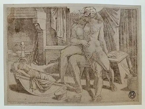 An engraving in the National Library of Spain that copies one scene from I modi.[19] This engraving is not present in the woodcut booklet,[19][1] and none of the fragments thought to be by Agostino Veneziano in the British Museum are related to this scene.[1] It is by an unknown artist and dated to after 1530.[19] This image has been reversed.
