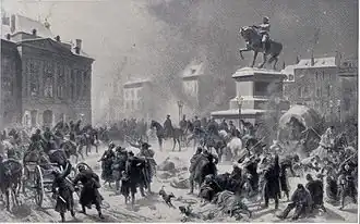 Black-and-white photo of a painting depicting the German entry into Orléans, 1870