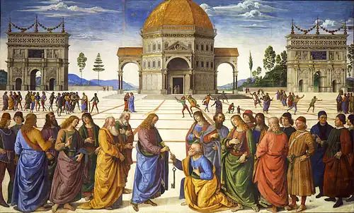 The Delivery of the Keys, fresco by Perugino in the Sistine Chapel (1481–1482), features both linear perspective and Brunelleschi's architectural style
