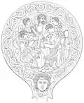 Bronze mirror depicting Uni nursing Hercle, featuring Tinia, Menrva, Turan, and Mean.
