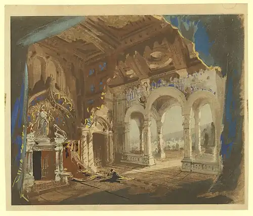 Squarish painting of an elaborate interior; the vestibule of the ducal palace, opening out onto a terraced garden.