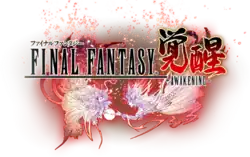 Logo of the video game Final Fantasy Awakening, showing the text with two female figures touching a globe.