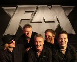 UK band FM at the video shoot for Wildside - Crewe, 26 July 2009. From left to right: Merv Goldsworthy, Jem Davis, Steve Overland, Pete Jupp, Jim Kirkpatrick