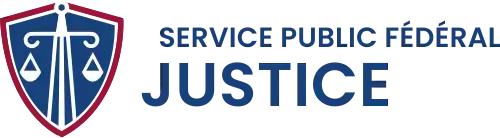 A shield symbol containing scales of justice and French text reading Service Public Fédéral Justice