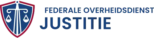 A shield symbol containing scales of justice and Dutch text reading Federale Overheidsdienst Justitie