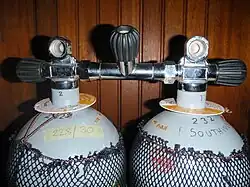 Two 12-litre steel cylinders with DIN outlet valves connected by a manifold with a central isolation valve.