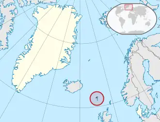 Location of the Faroe Islands (red; circled) in the Kingdom of Denmark (light white)