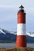 View of The Lighthouse Les Eclaireurs called End of the World near Ushuaia on the north shore of the channel