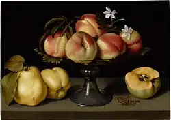 Glass tazza with peaches, Jasmine flowers, quinces and a grasshopper, c. 1610