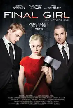 A blonde woman wearing a red dress stands with an ax in her hands. Behind her are two men in suits.