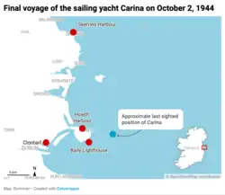 Map showing ports of Skerries, Clontarf, Howth, and a position three miles off Howth Head.