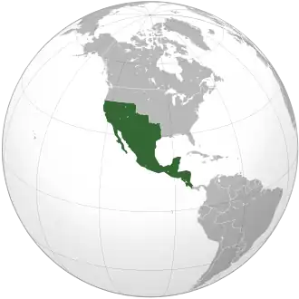 A map of the First Mexican Empire at its territorial peak (1822–1823), extending from Northern California to Costa Rica
