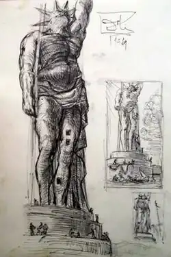 Black and white ink sketch showing three versions of the Colossus
