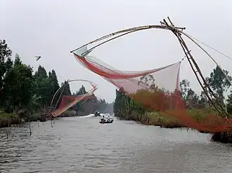 Shore based lift nets in Cà Mau, Vietnam. Also see Chinese fishing nets of Kochi.