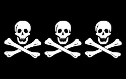Interpretation of a flag used by an unknown pirate crew, described as “two unidentified pirates (1718) at Barbados and Saint-Domingue flying multiple ‘death’s heads’ on a black field”.[43] It is incorrectly associated with Christopher Condent.