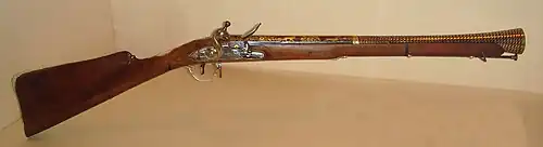 A flintlock blunderbuss, built for Tipu Sultan in Srirangapatna, 1793–94. Tipu Sultan used many Western craftsmen, and this gun reflects the most up-to-date technologies of the time.