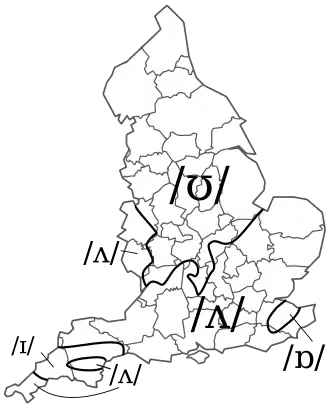 A map of England, with isoglosses showing how different regions pronounce "sun"