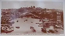 In the background shows the original lighthouse (left), together with the Flagstaff and the Time Ball on Fort Canning Hill, circa 1902