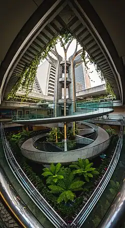 A spiral ramp connects the 3 levels of the Four Embarcadero Center shopping mall