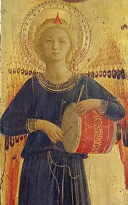 1433, Italy. Angel with pipe and tabor. The pipe is very short, possibly like a flabiol