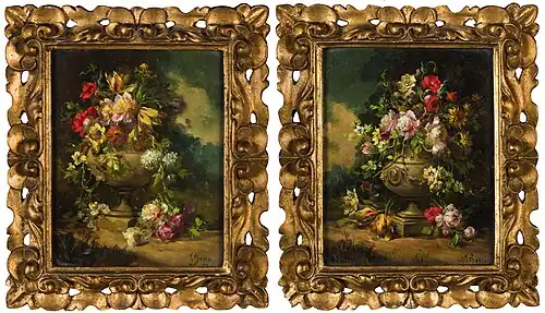 Floral still life pendants in carved, gilded frames.