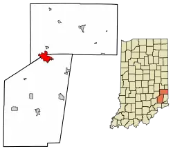 Location of Batesville in Ripley County and Franklin County, Indiana.