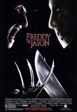 The two slasher villains, Freddy Kruger and Jason Voorhees, face each other head-to-head, with the film's title near the center of the poster while the credits remain at the bottom.